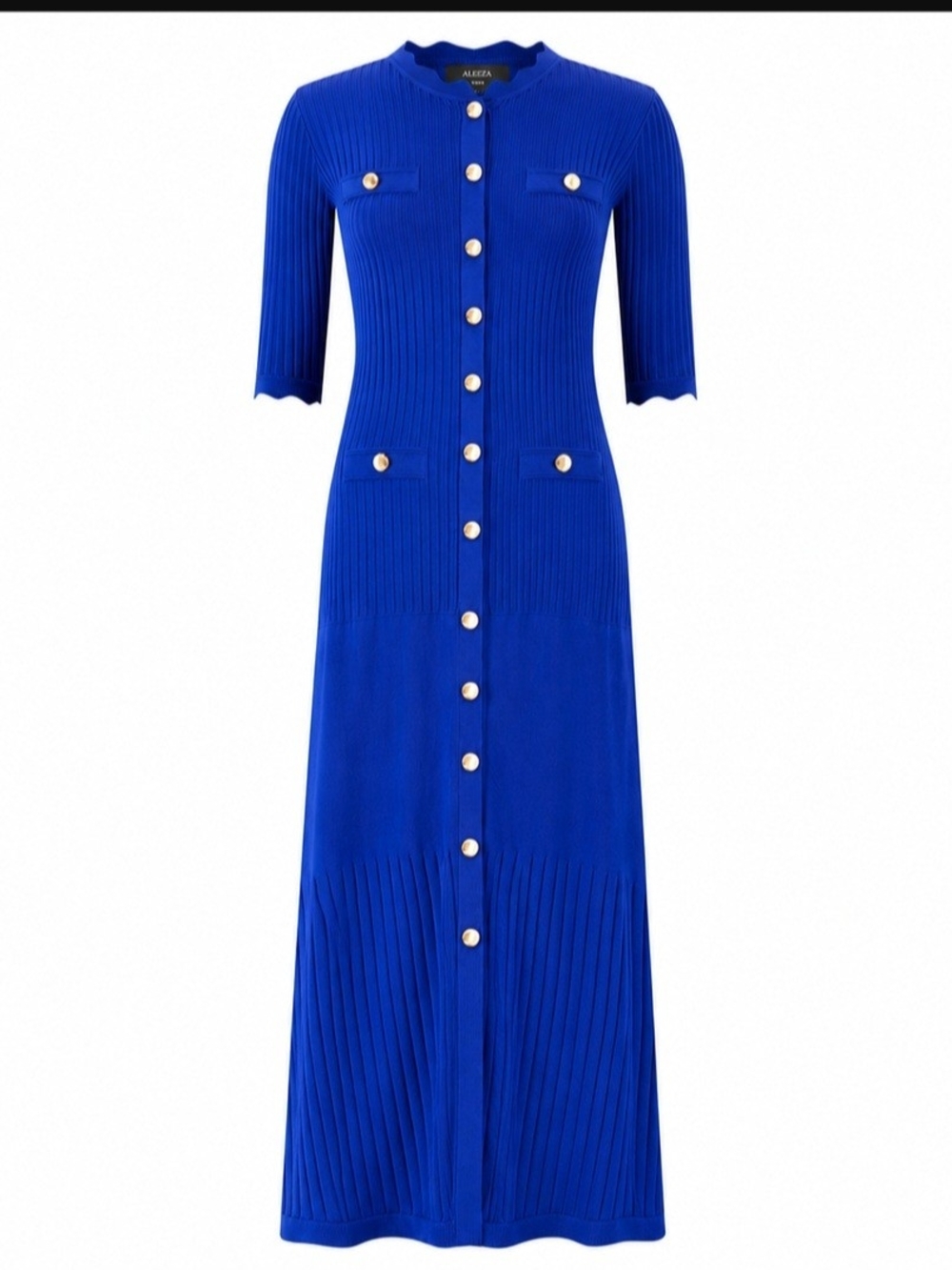 NWT Aleeza Paris Rhoda Cobalt Blue Button-Front Ribbed Knit Maxi Dress S
